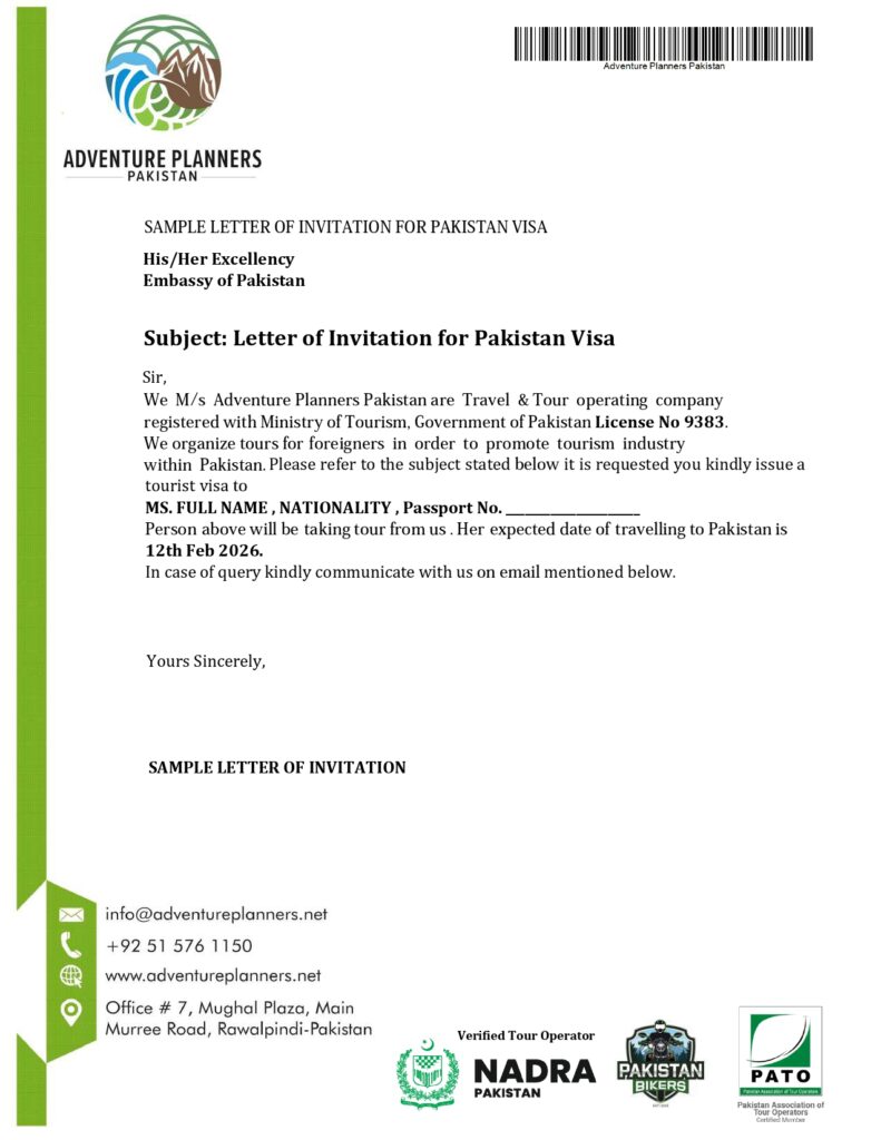 Sample letter of invitation for Pakistan visa or Sponsor letter by operator for Pakistan visa